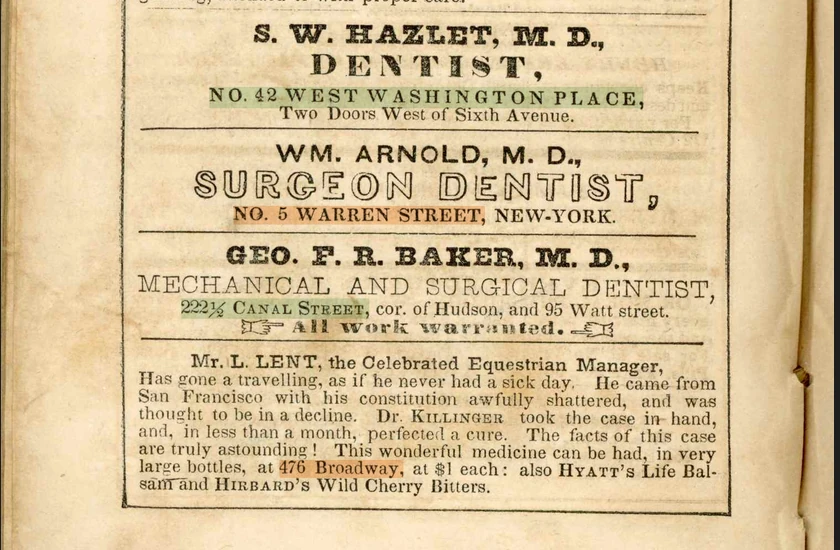 The lower part of a scanned page of dentists' advertisements, with each street address highlighted on the print, among them 42 West Washington Place, No. 5 Warren Street and 222½ Canal Street.