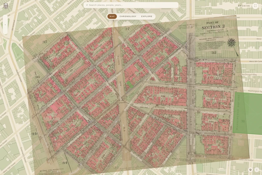 The BLOCKS map with a 1930 fire-insurance atlas plate laid over today’s West Village, beside Washington Square.