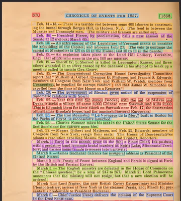 A historical chronicle with colored outlines around recognized words and passages.