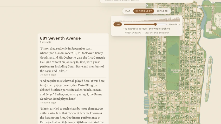 The BLOCKS chronology view: a year slider set to 1938 above a map of Manhattan, with the extracts about 881 Seventh Avenue from that year beside it.
