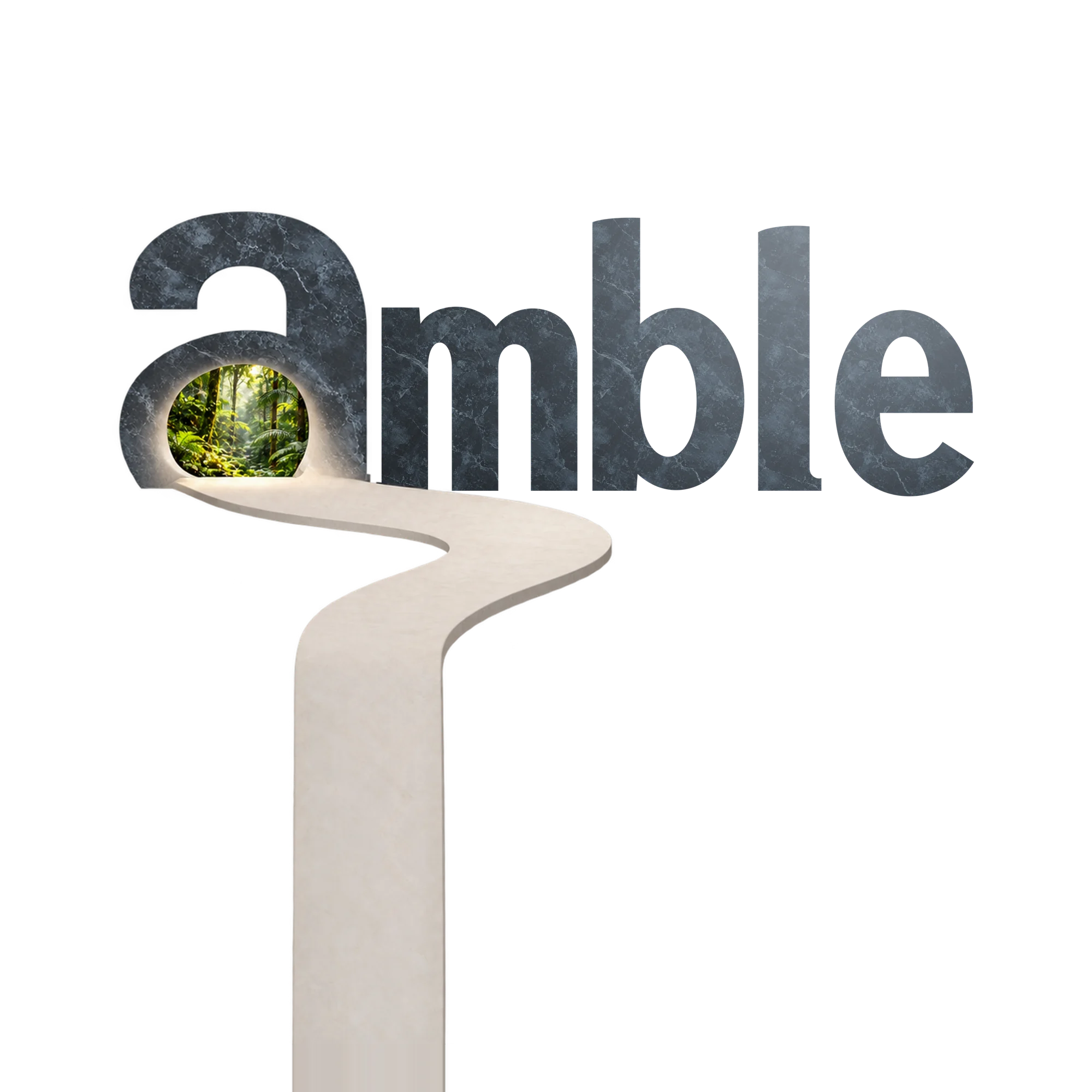 A pale sculptural path becomes the marble Amble wordmark, with a glimpse of rainforest through the lower a.