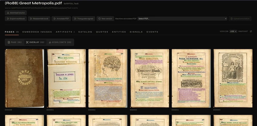 The gallery view of an 1851 city directory: its 202 pages in a grid, the overlay toggle on, so each page shows its found entities highlighted in colour.