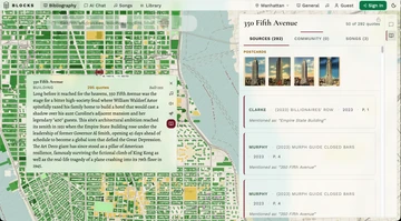 The BLOCKS interface maps Manhattan, with a story about 350 Fifth Avenue beside postcards and a source list.