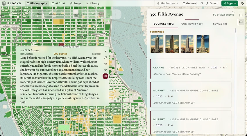 The BLOCKS interface maps Manhattan, with a story about 350 Fifth Avenue beside postcards and a source list.