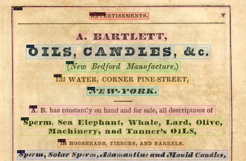 The top of a scanned 1851 advertisement page for A. Bartlett, dealer in oils and candles, with coloured outlines around every recognised word and line, including ornamental, shadowed and italic typefaces.
