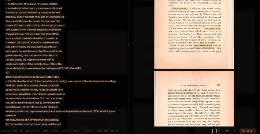 The reading interface: the machine text of a history of New York on the left, the scanned pages on the right with the matching passages highlighted, the two scrolling together.